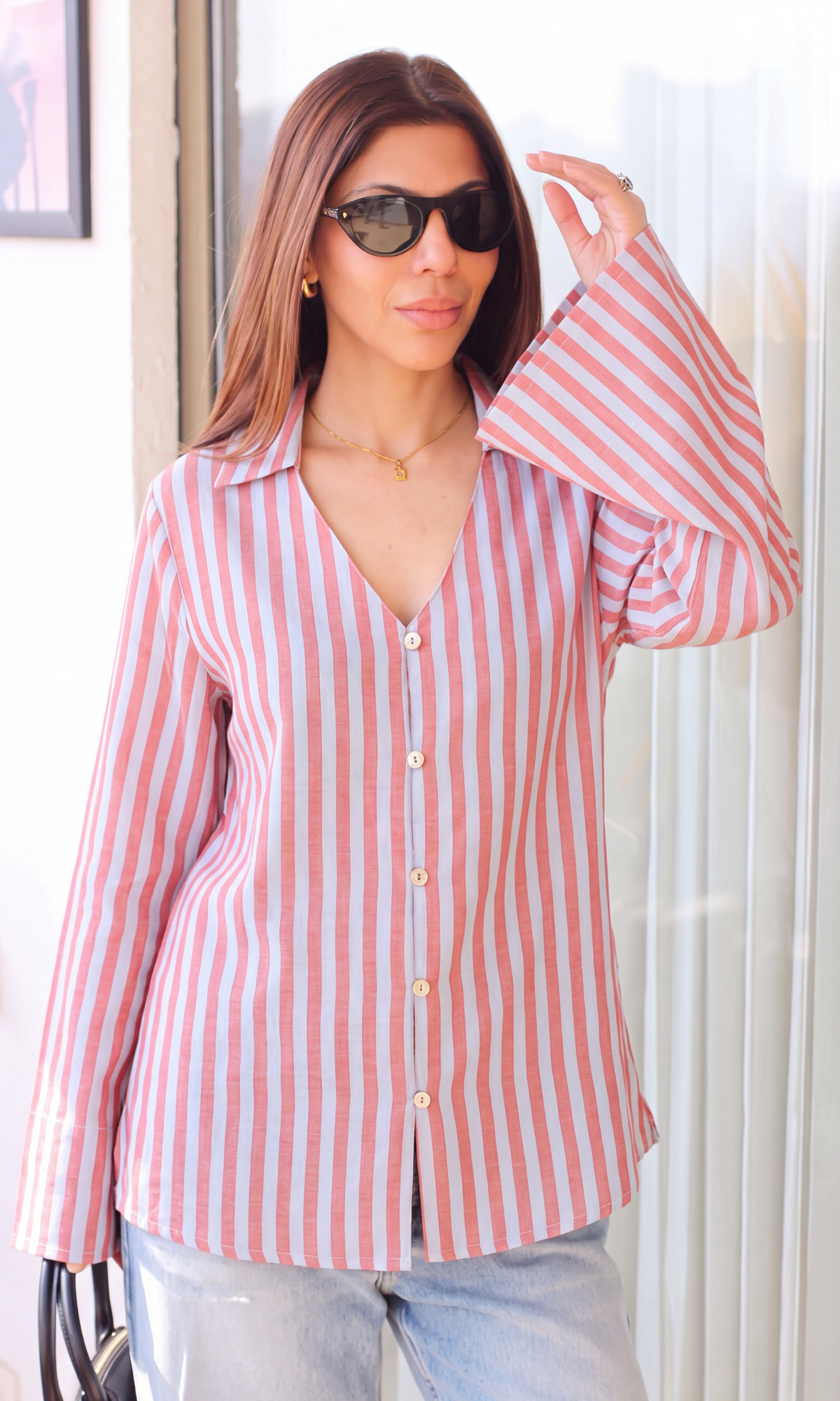 Rust Blue Stripe Bell-Sleeve Shirt