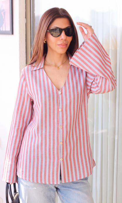 Rust Blue Stripe Bell-Sleeve Shirt