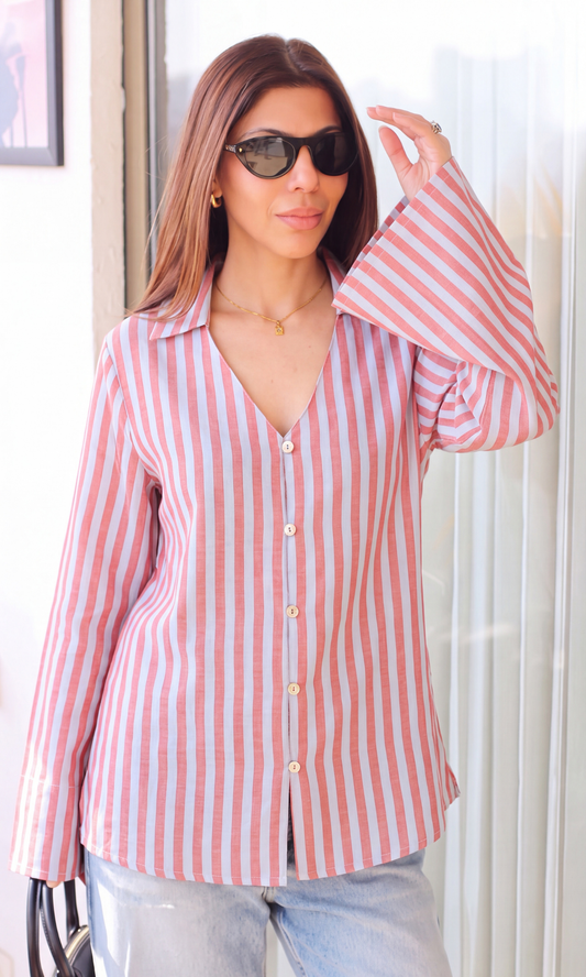 Rust Blue Stripe Bell-Sleeve Shirt