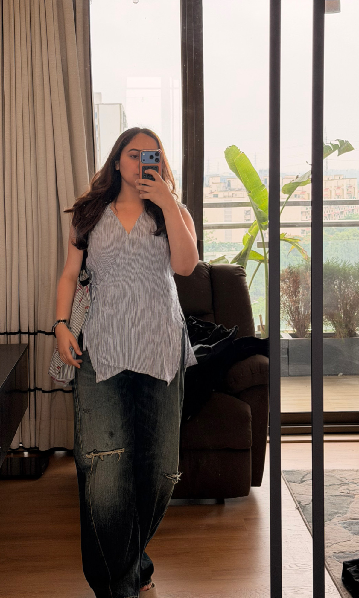 Blue Stripe Sleeveless Kimono Top