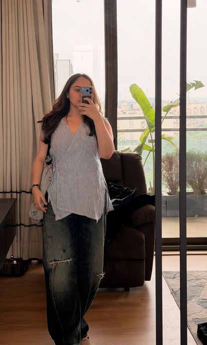 Blue Stripe Sleeveless Kimono Top