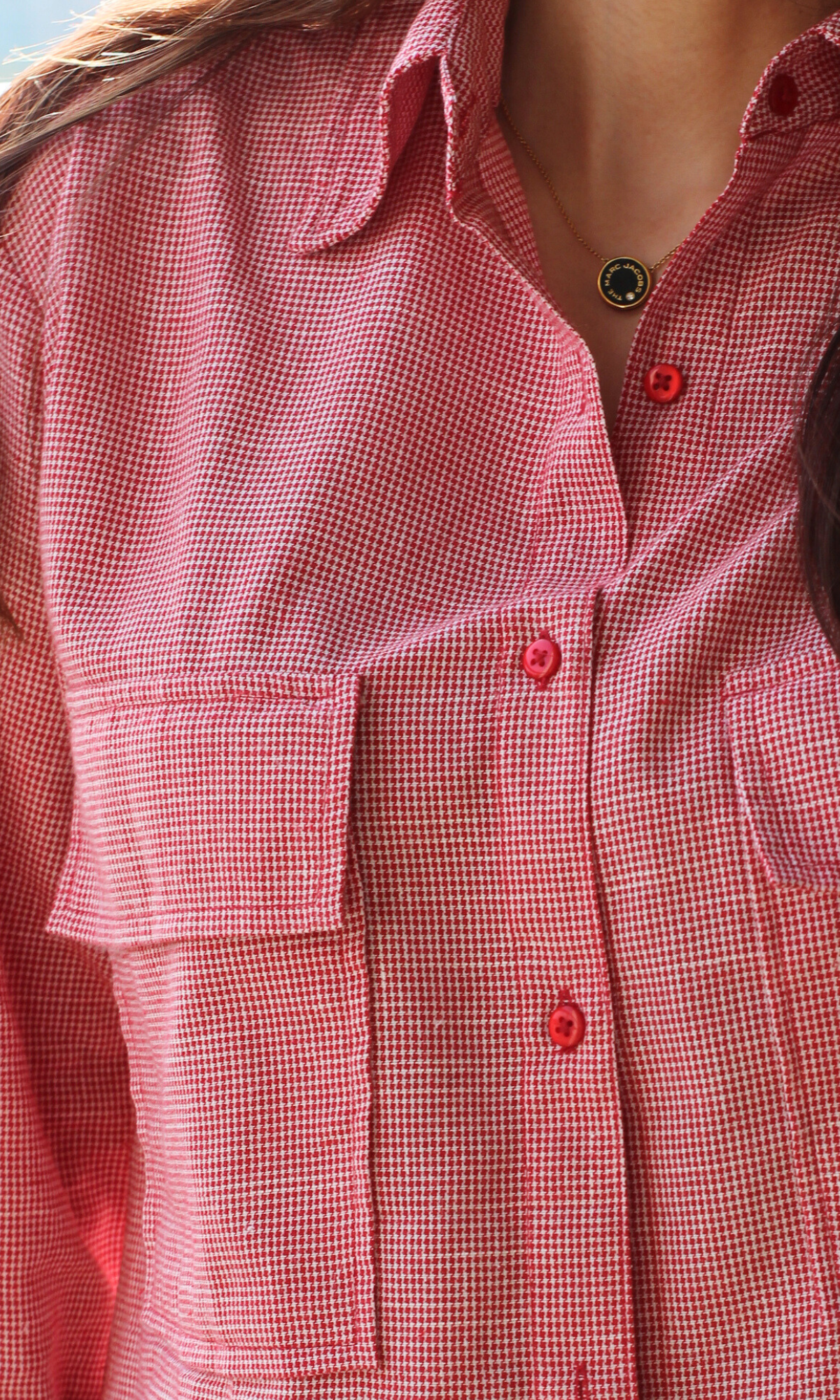 Red Cotton Micro-Check Flap Pockets Shirt