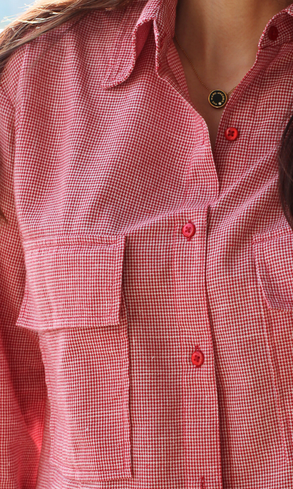 Red Cotton Micro-Check Flap Pockets Shirt
