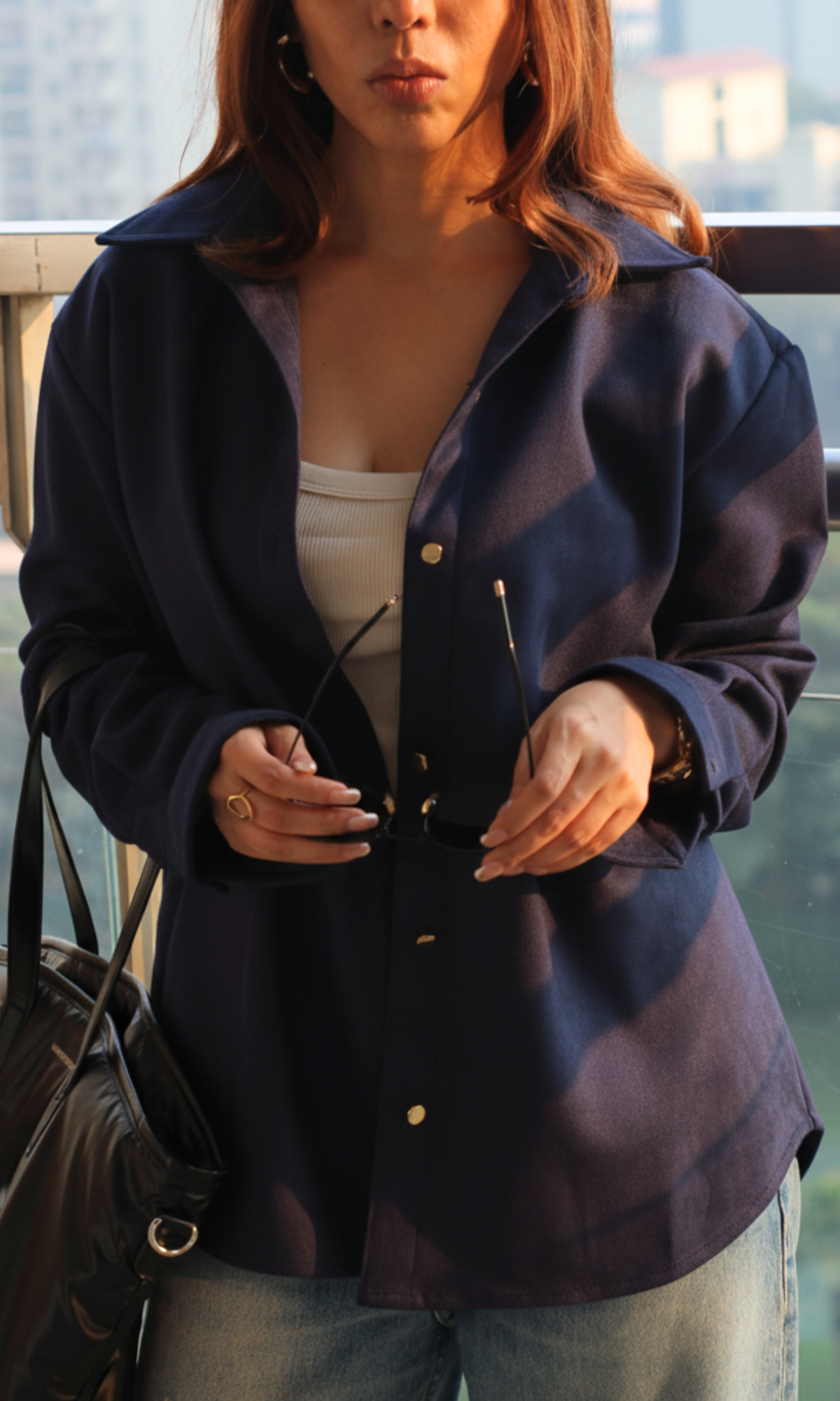 Navy Suede Metallic Buttoned Shirt