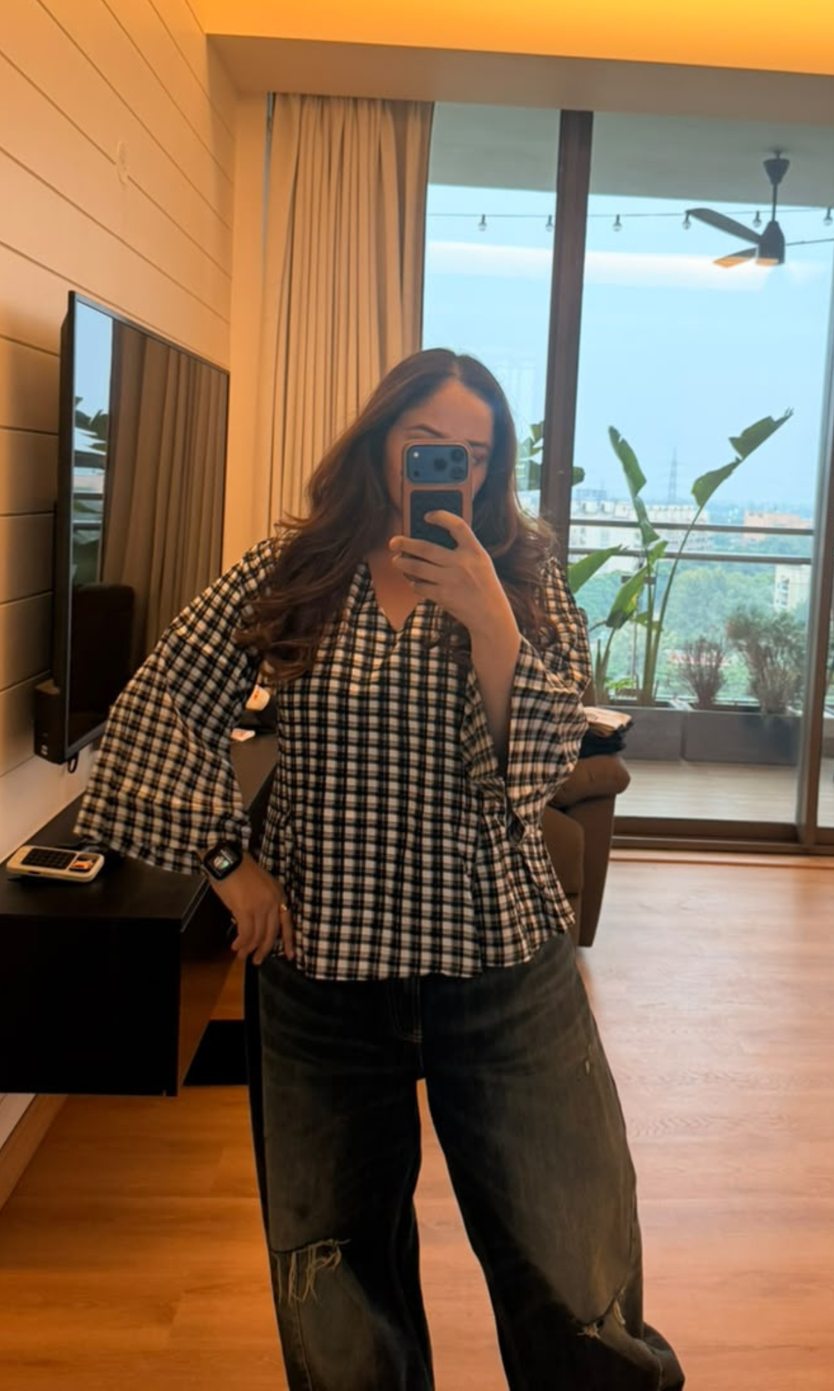 Black Plaid Cotton V-Neck Peplum Top