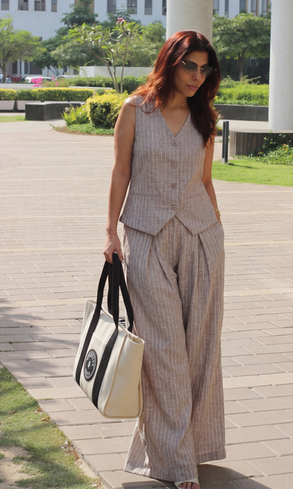 Beige-White Denim Cotton Waistcoat and Pants Co-ord