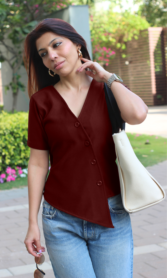 Wine Ribbed Side-Cut Sleeved Waist Coat