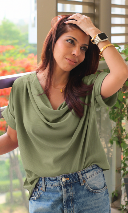 Olivine Flowing Cowl Neck Top