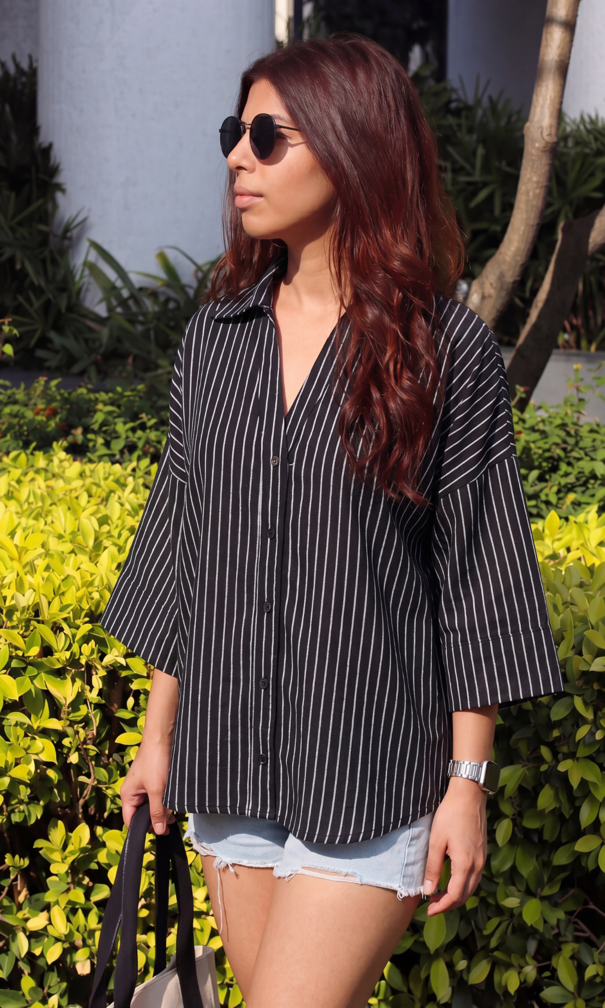 Black Stripe Cotton Loose Shirt