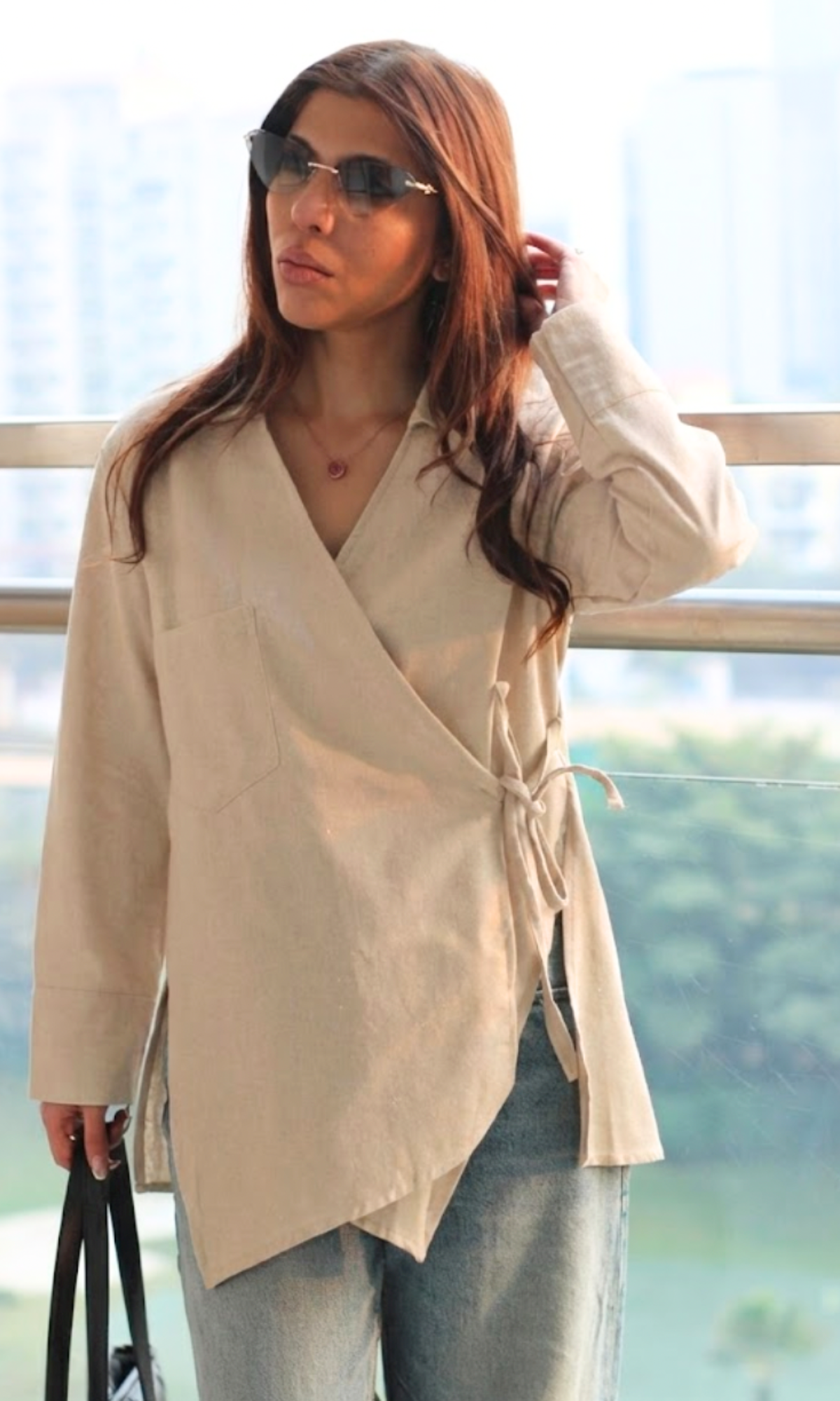 Beige Linen Cuts Detail Kimono Top