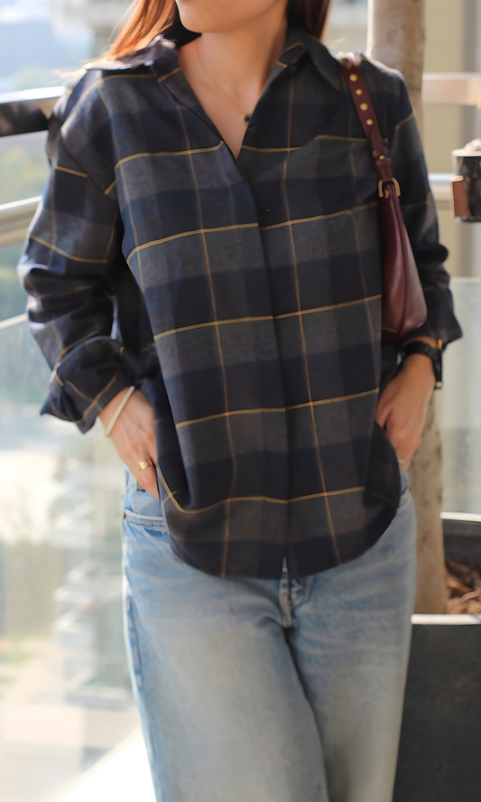 Navy Yellow-Stripe Checked Shirt