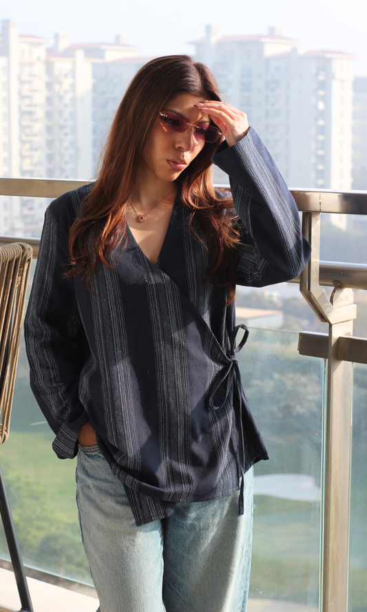 Deep Blue Linear Cotton Kimono Top
