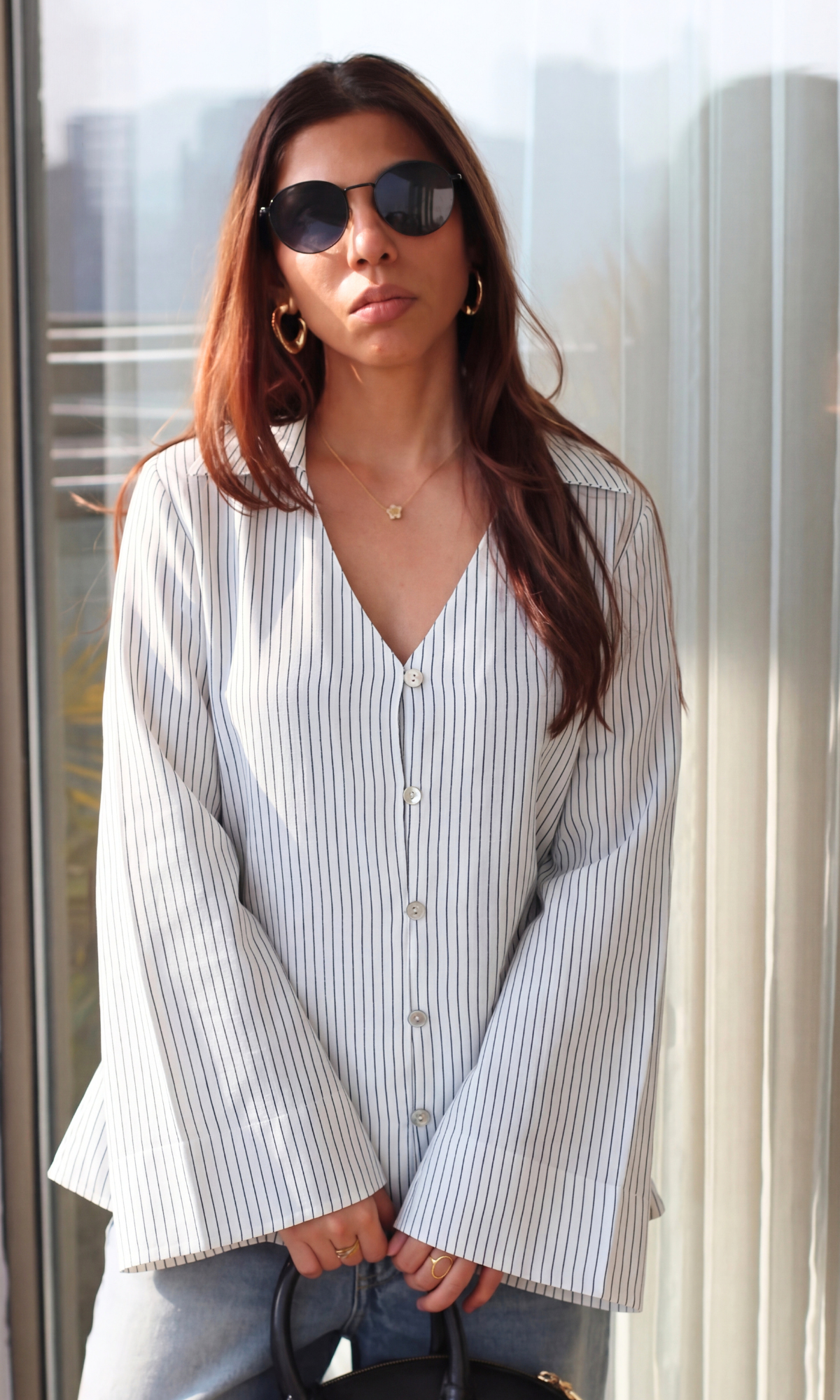 Ivory White Pinstripe Flared Sleeves Shirt