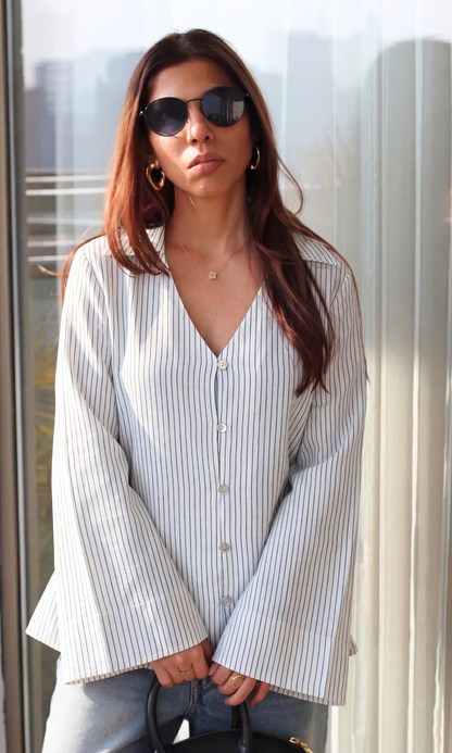 Ivory White Pinstripe Flared Sleeves Shirt