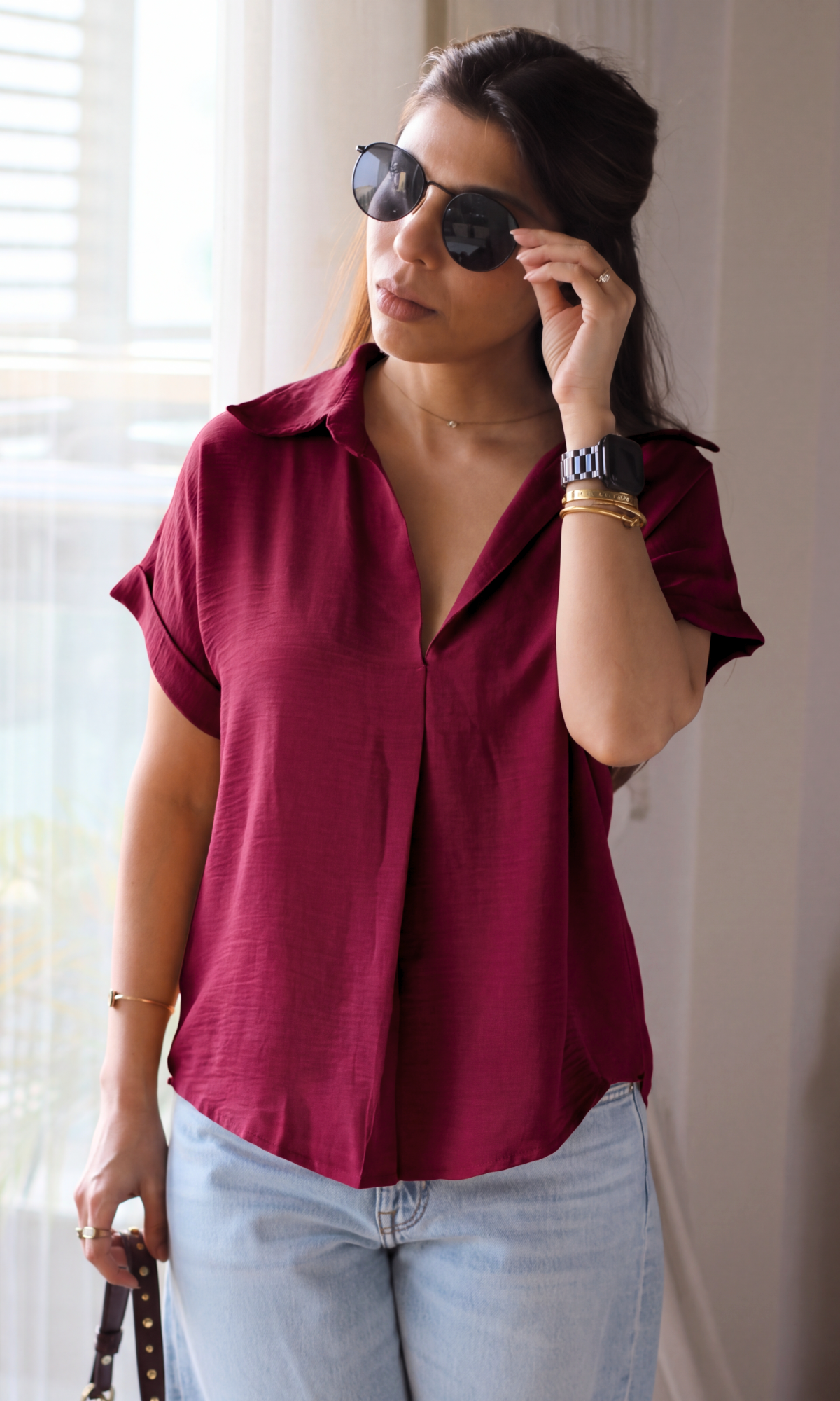 Cranberry Gathered V-Neck Top