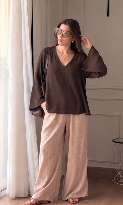 Mocha V-Neck Peplum Top