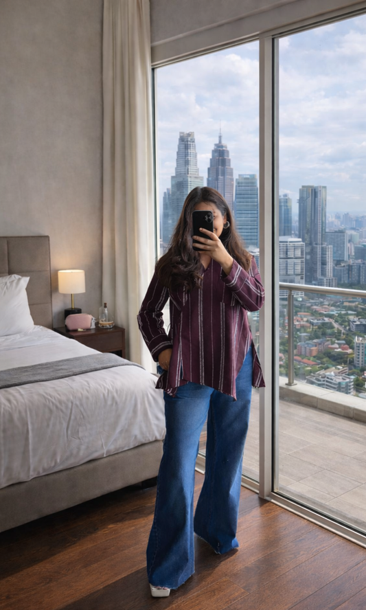 Wine Parallel Weaved Cuts Detail Kimono Top