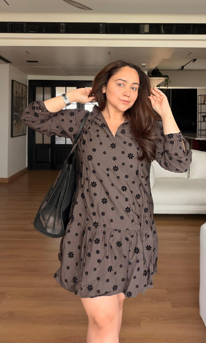 Mocha Floral Tie-Neck Dress