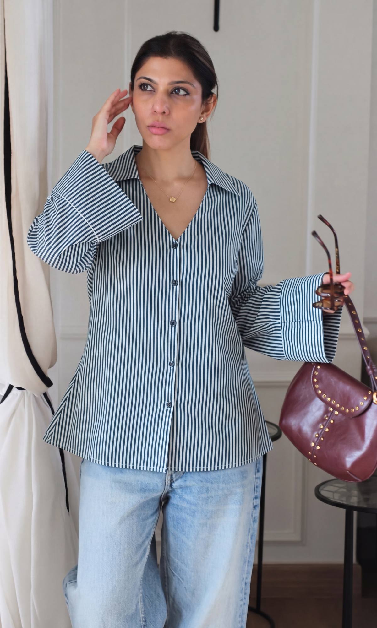 Navy Pinstripe Flared Sleeve Shirt