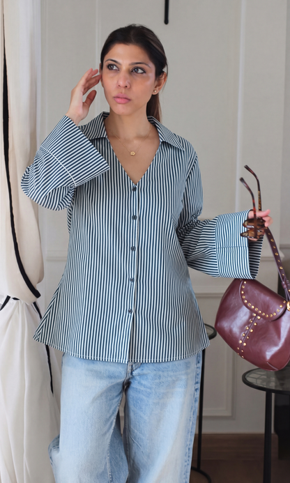 Navy Pinstripe Flared Sleeve Shirt