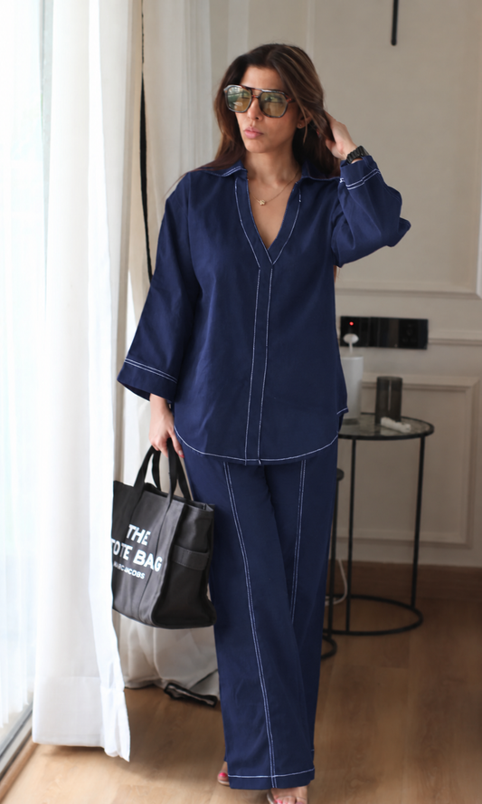 Structured Cobalt Co-ord with Contrast Topstitching