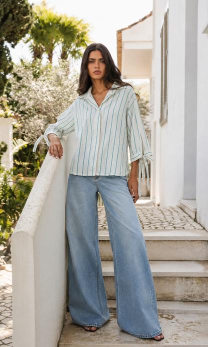 Ivory Teal Stripe Bow Detail Shirt