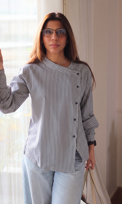 Navy & White Stripe Diagonal Placket Shirt