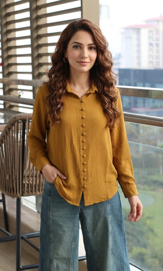 Mustard Brown Buttoned Flowing Shirt