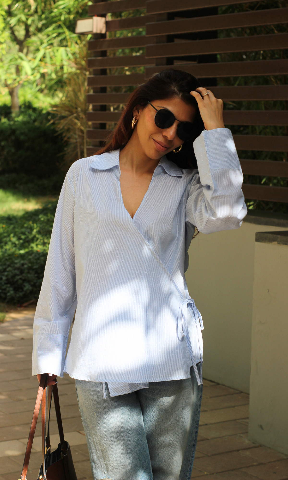 Blue-White Dobby Collared Cotton Kimono Top