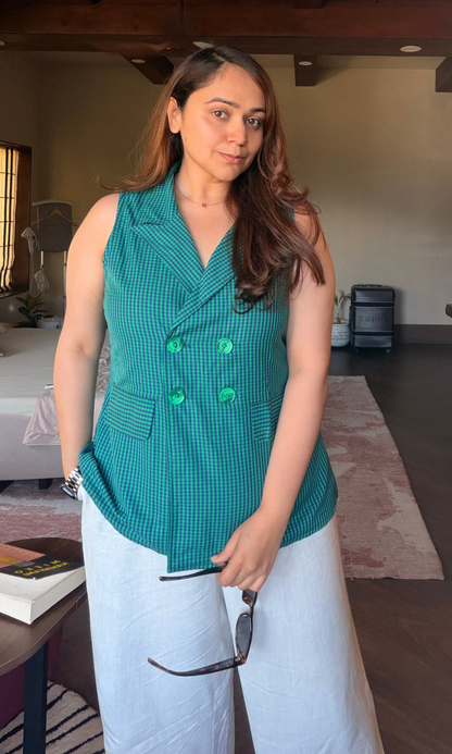 Green Blue Gingham Double-Breasted Waistcoat