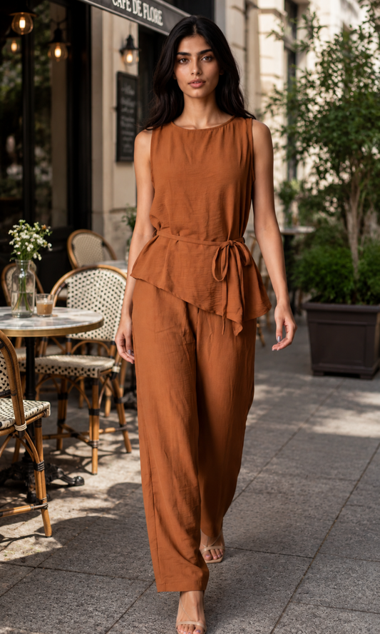 Warm Caramel Asymmetric-Hem Co-ord Set
