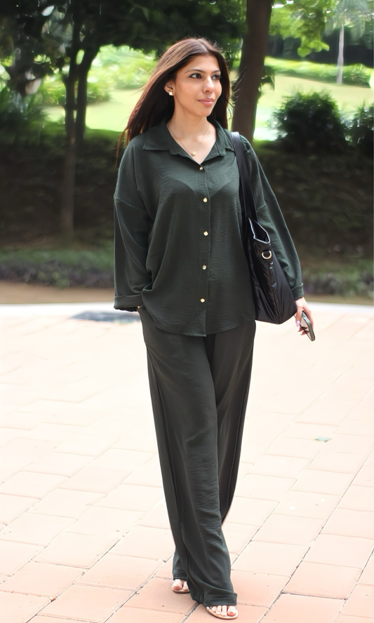 Olive Metallic Buttoned Shirt and Pants Co-ord