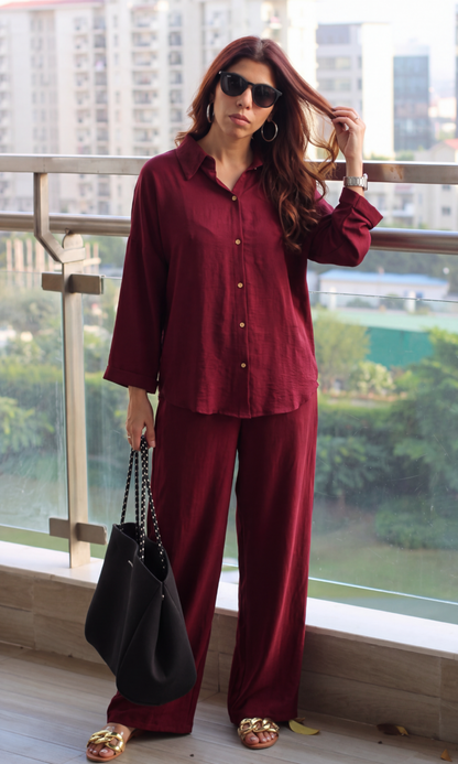Wine Metallic-Buttoned Shirt and Pants Co-ord