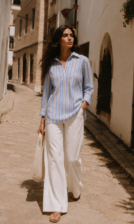 Ivory Blue Stripe Popover Top
