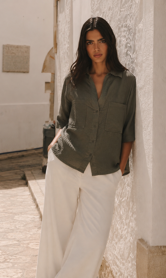 Taupe Woven Cropped Shirt
