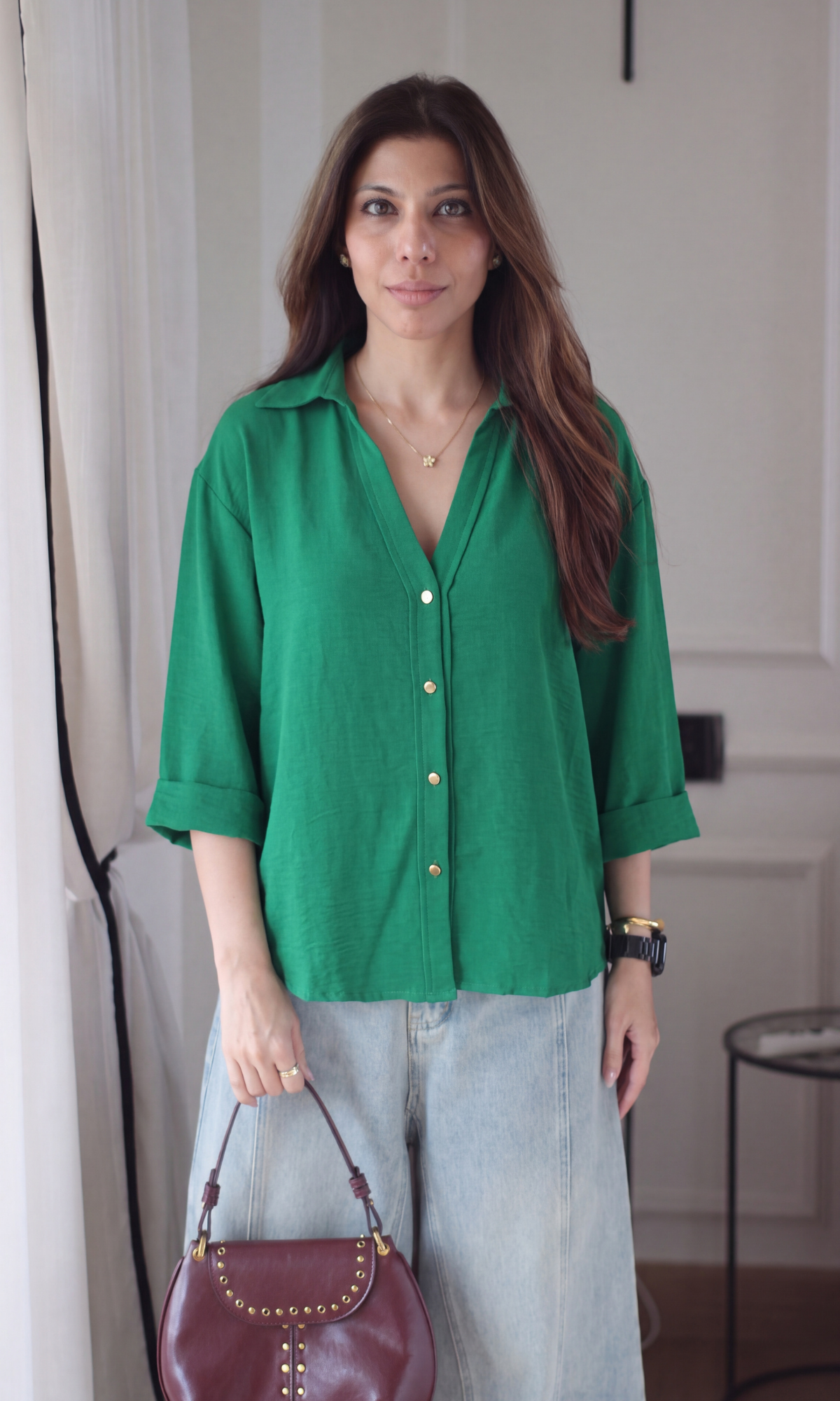 Emerald Green Metallic Button  Boxy Shirt