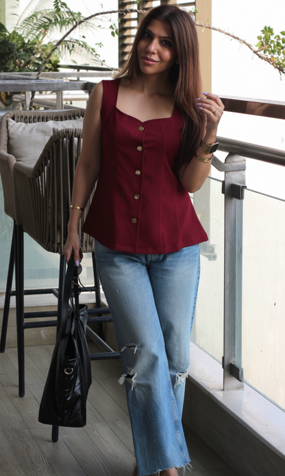 Wine Metallic Buttoned Flared Top