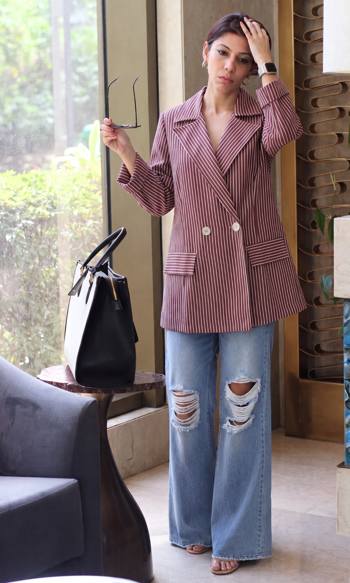 Wine Pinstripe Double-Breasted Blazer
