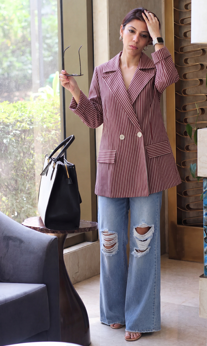 Wine Pinstripe Double-Breasted Blazer