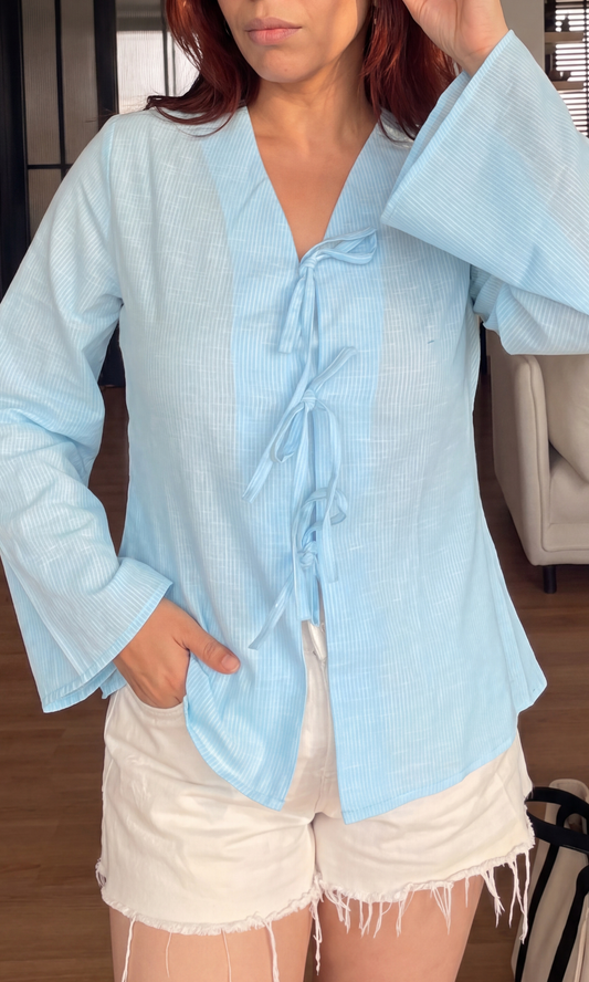 Blue Bow Detail Flared Sleeves Top