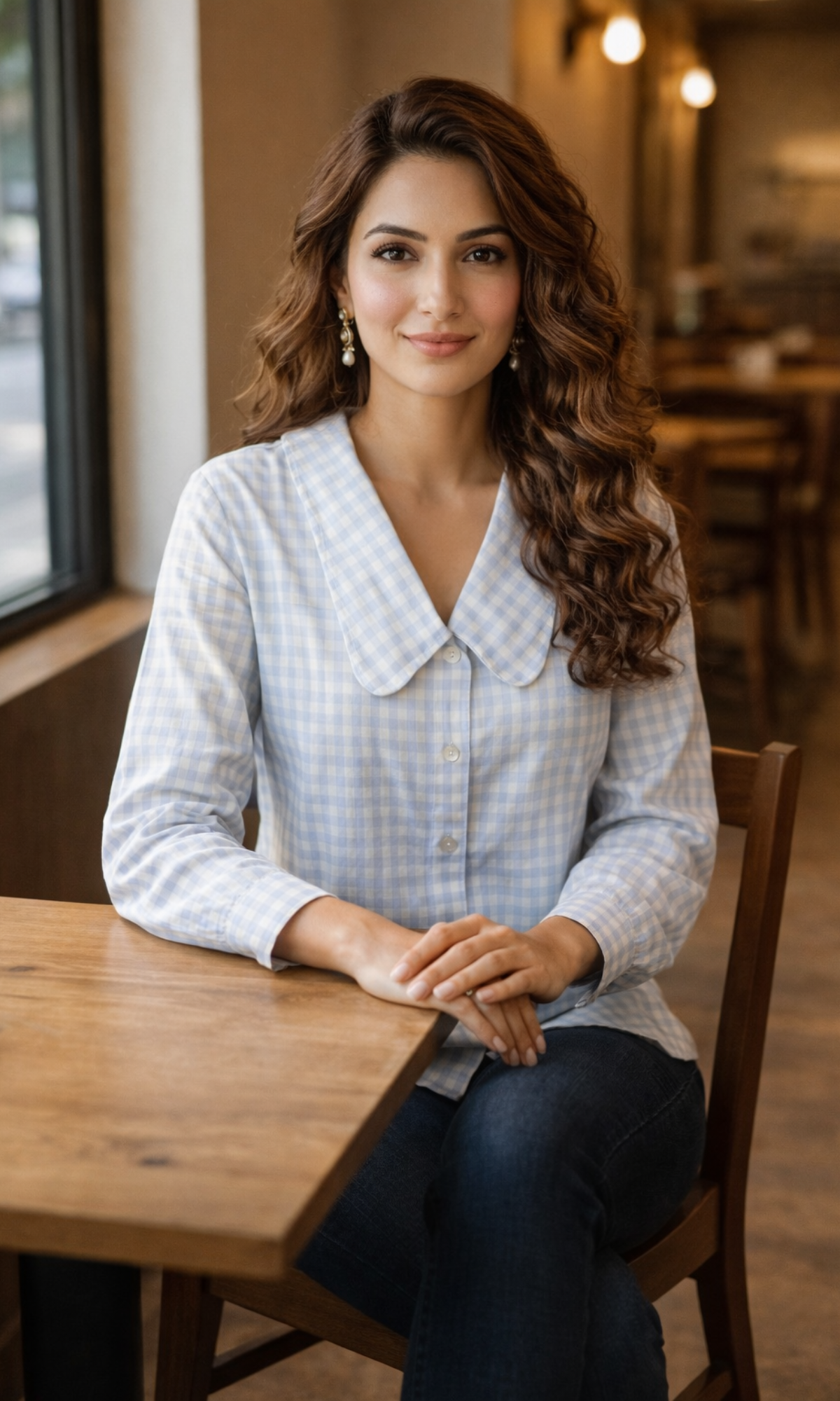 Blue Gingham-Check Peter Pan Collared Shirt
