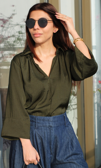 Forest Green Sheen Collared Top