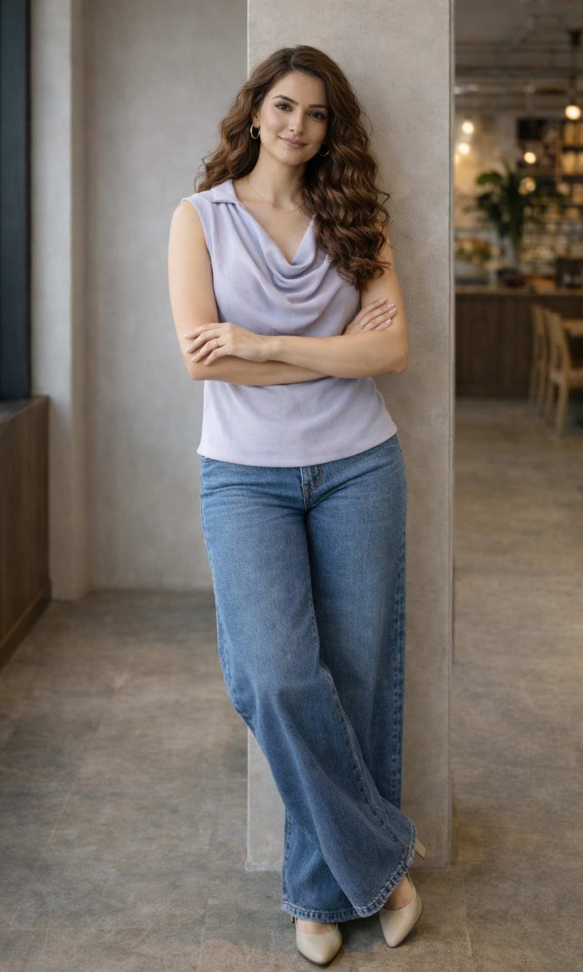 Light Lavender Collared Cowl Neck Top