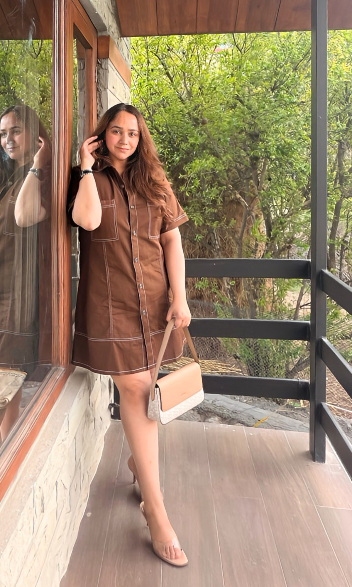 Mocha Sleeved Thread Detail Dress