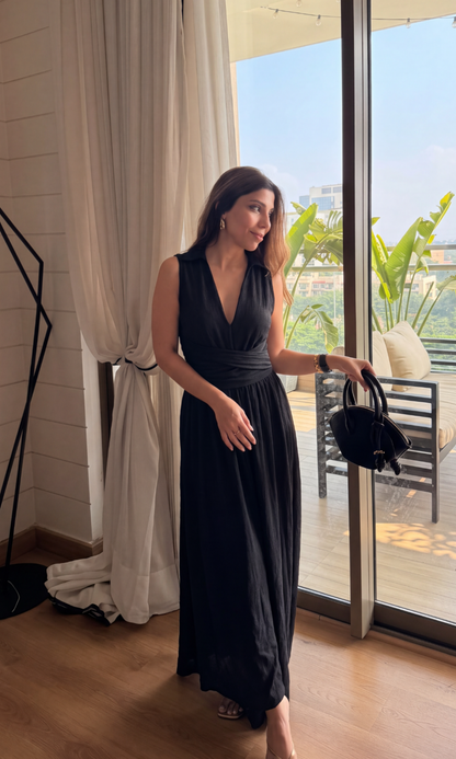 Black Handkerchief Hem Midi Dress