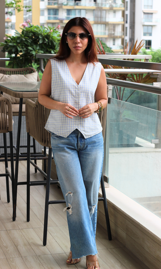 Pastel Blue Haze Checked Waist Coat