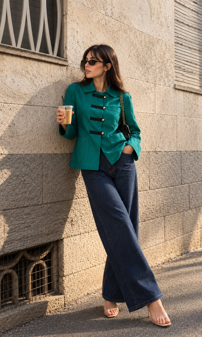 Frog-Closure Green Pinstripe Overshirt