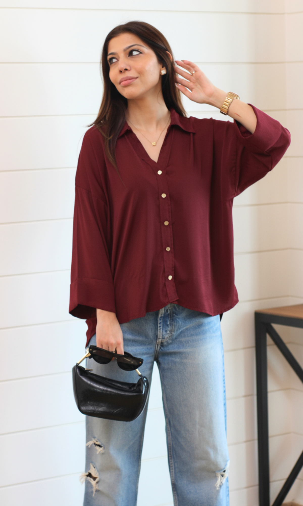 Brown full-sleeve metallic-button shirt crafted from 100% cotton, featuring soft drape and subtle shine for smart casual looks.