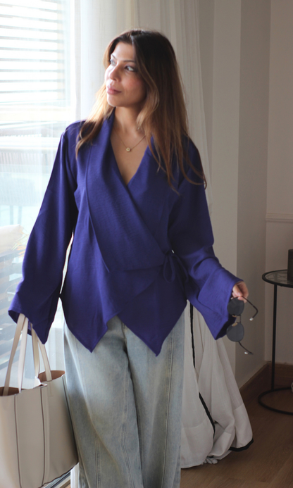 Violet Asymmetric Flared-Sleeve Wrap Top