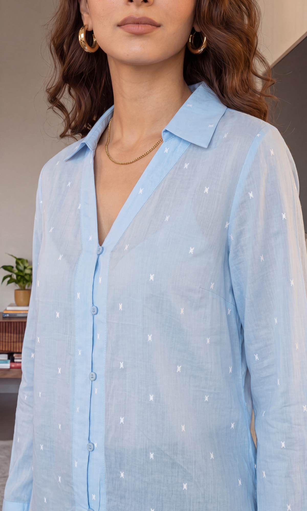 Sky-White Dobby Flared Sleeves Shirt